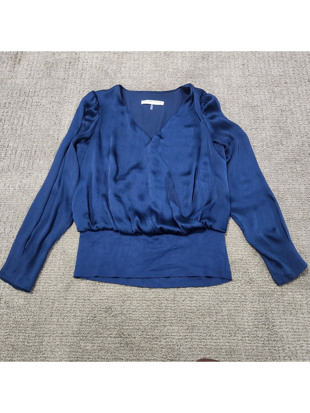Trina Turk Navy Blue V-Neck Long Sleeve Blouse Size Medium